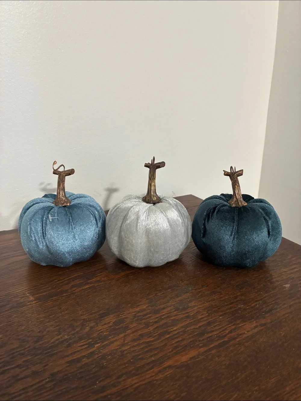 NWT Set of 3- Velvet Pumpkins- Dark Blue, Silver, Teal Fall Holiday Decorations